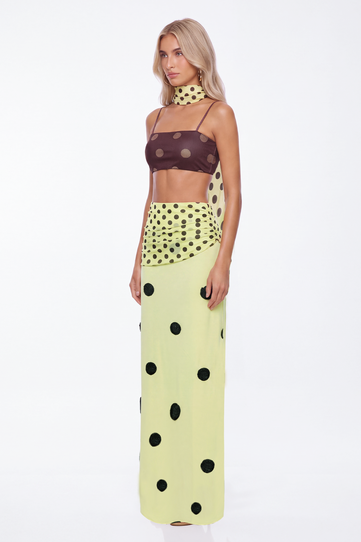 Kerlisha Crop Dot Scarf Skirt Set