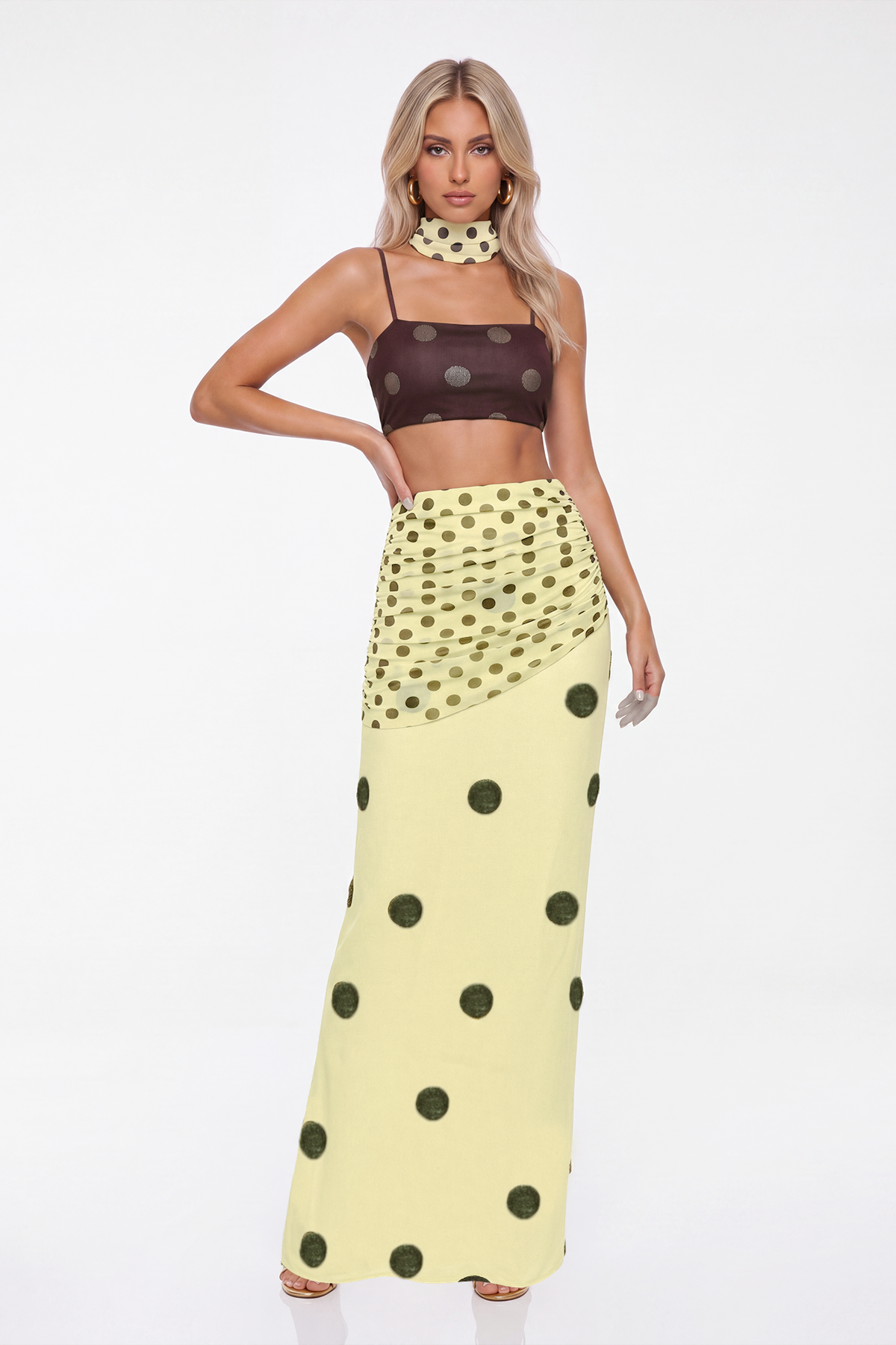 Kerlisha Crop Dot Scarf Skirt Set