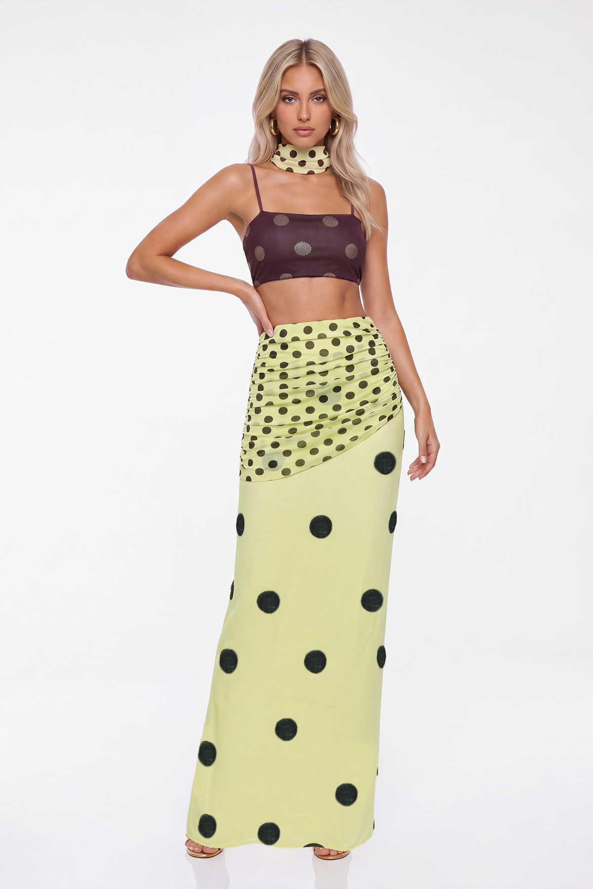 Kerlisha Crop Dot Scarf Skirt Set