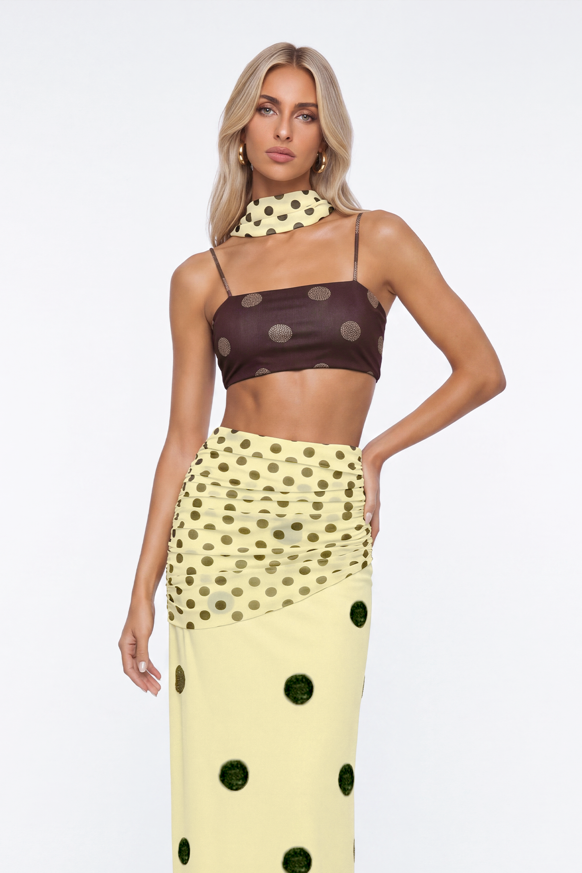 Kerlisha Crop Dot Scarf Skirt Set