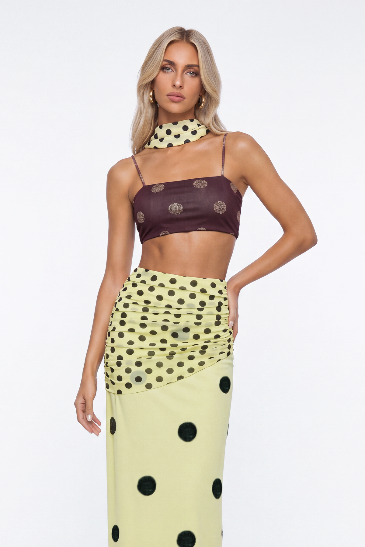 Kerlisha Crop Dot Scarf Skirt Set