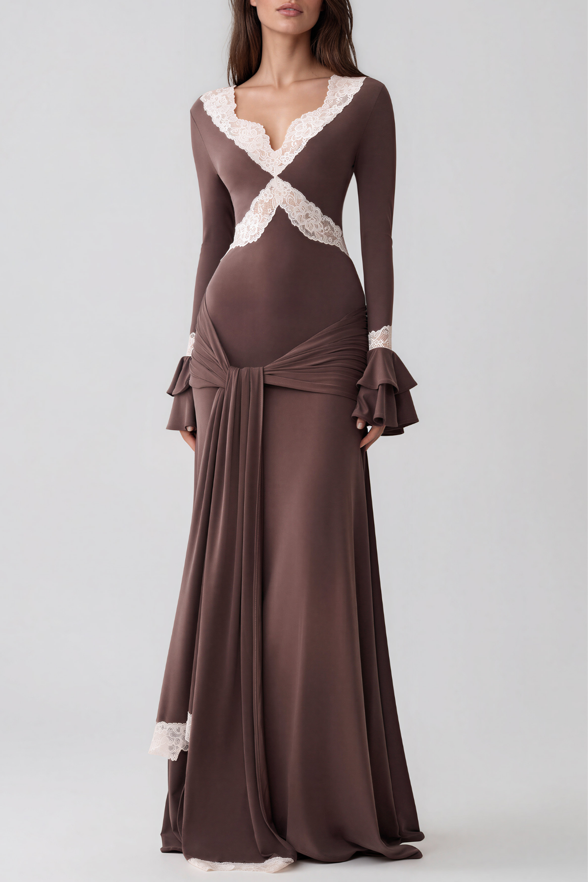Kesha V Neck Lace Tie Up Maxi Dress