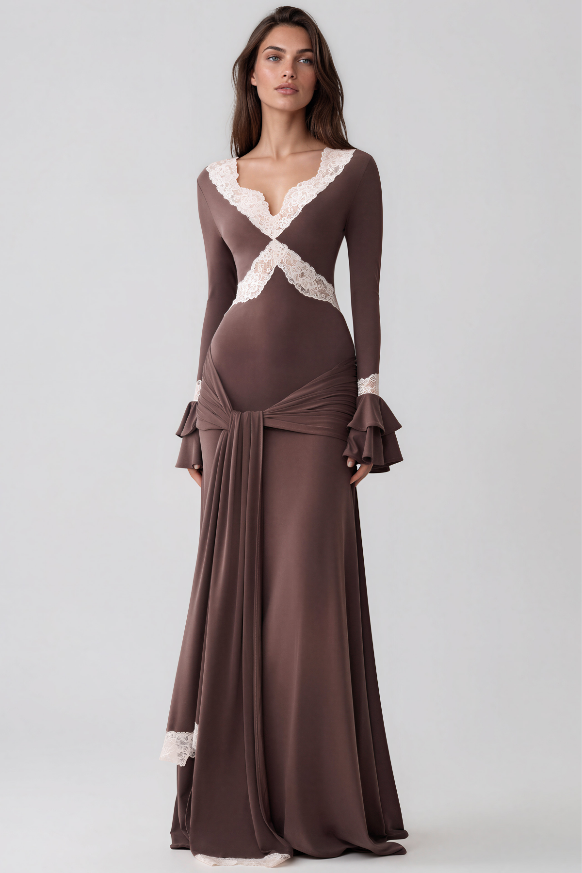 Kesha V Neck Lace Tie Up Maxi Dress