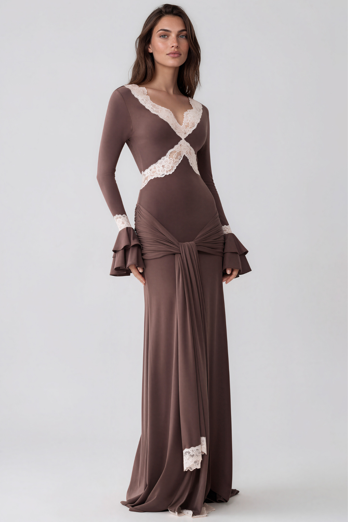 Kesha V Neck Lace Tie Up Maxi Dress