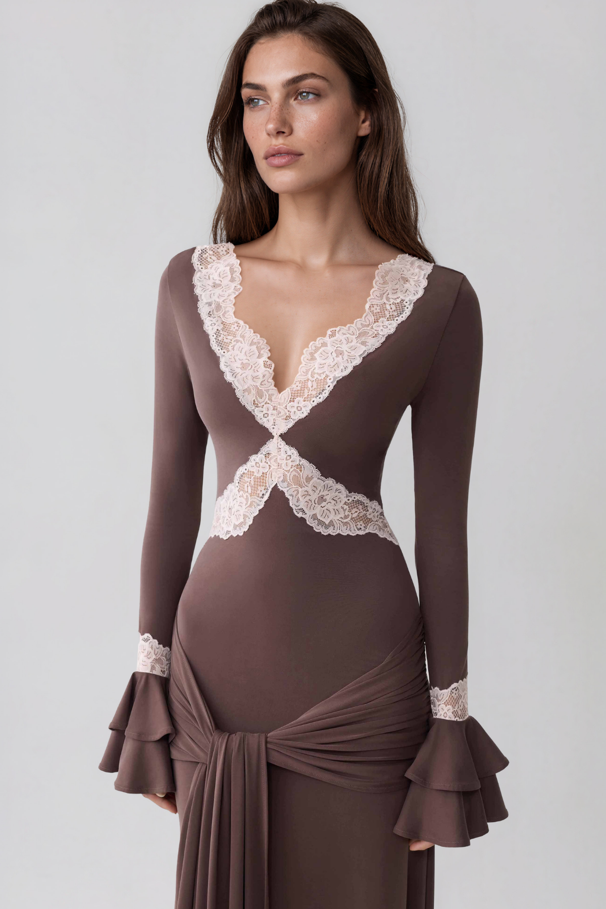 Kesha V Neck Lace Tie Up Maxi Dress