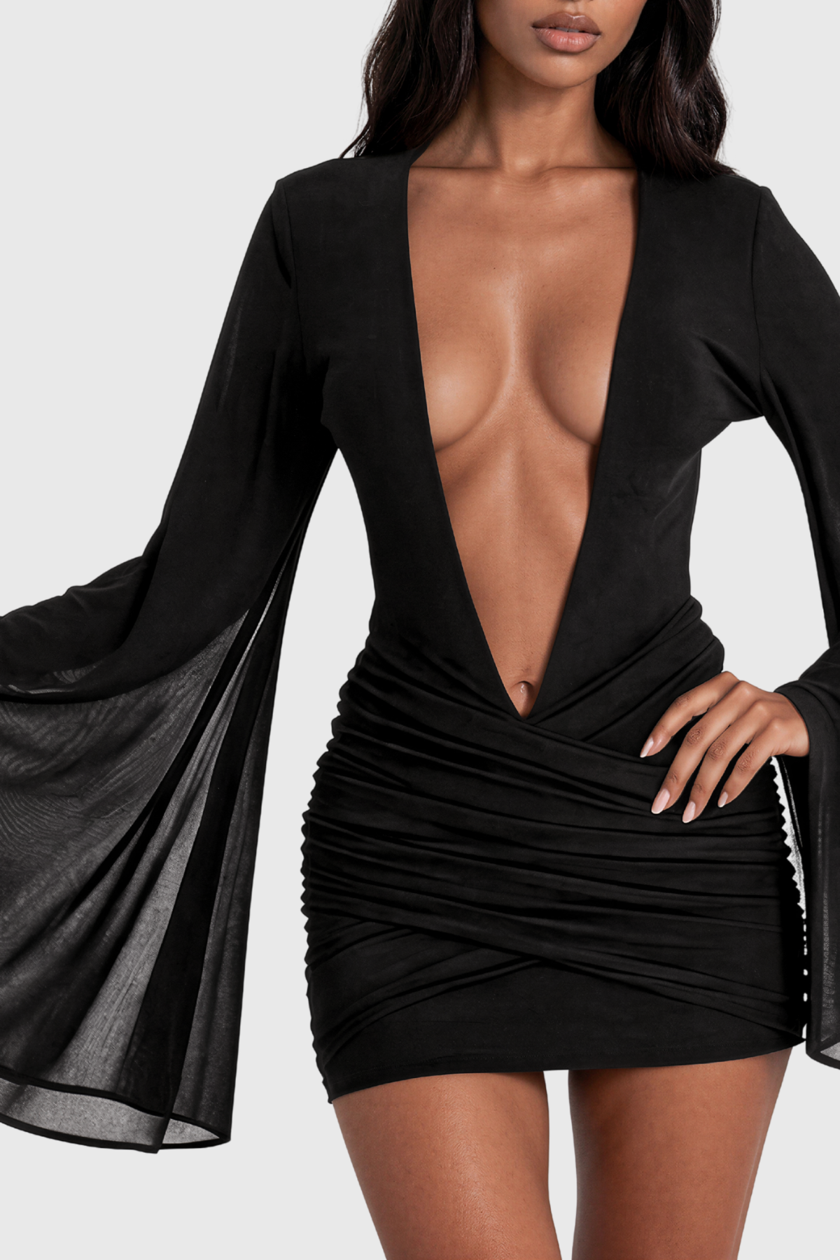 Kestrel Plunge Mesh Ruch Mini Dress