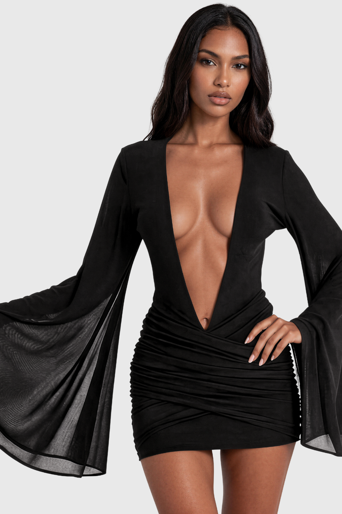 Kestrel Plunge Mesh Ruch Mini Dress