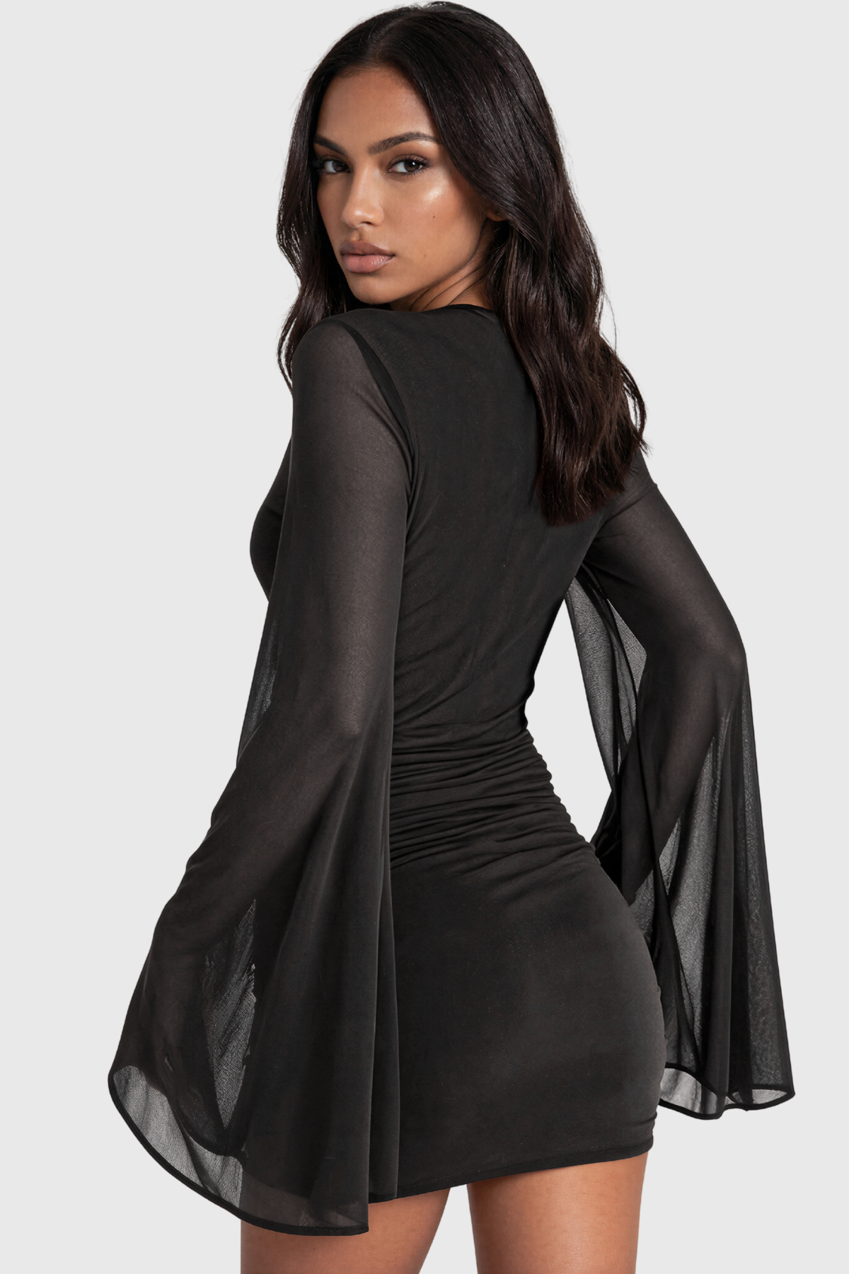 Kestrel Plunge Mesh Ruch Mini Dress