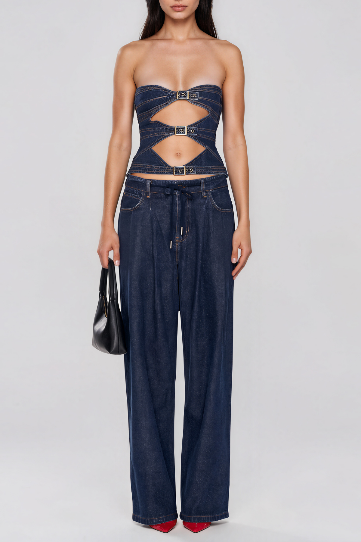 Kevine Strapless Cutout Denim Pants Set