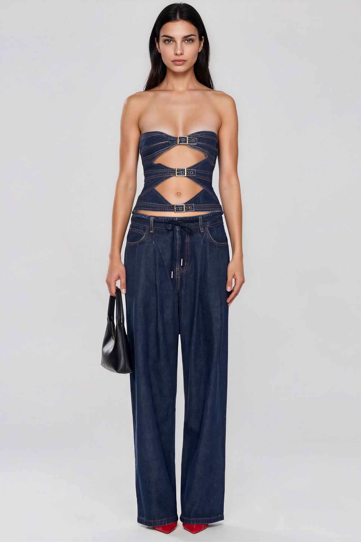Kevine Strapless Cutout Denim Pants Set