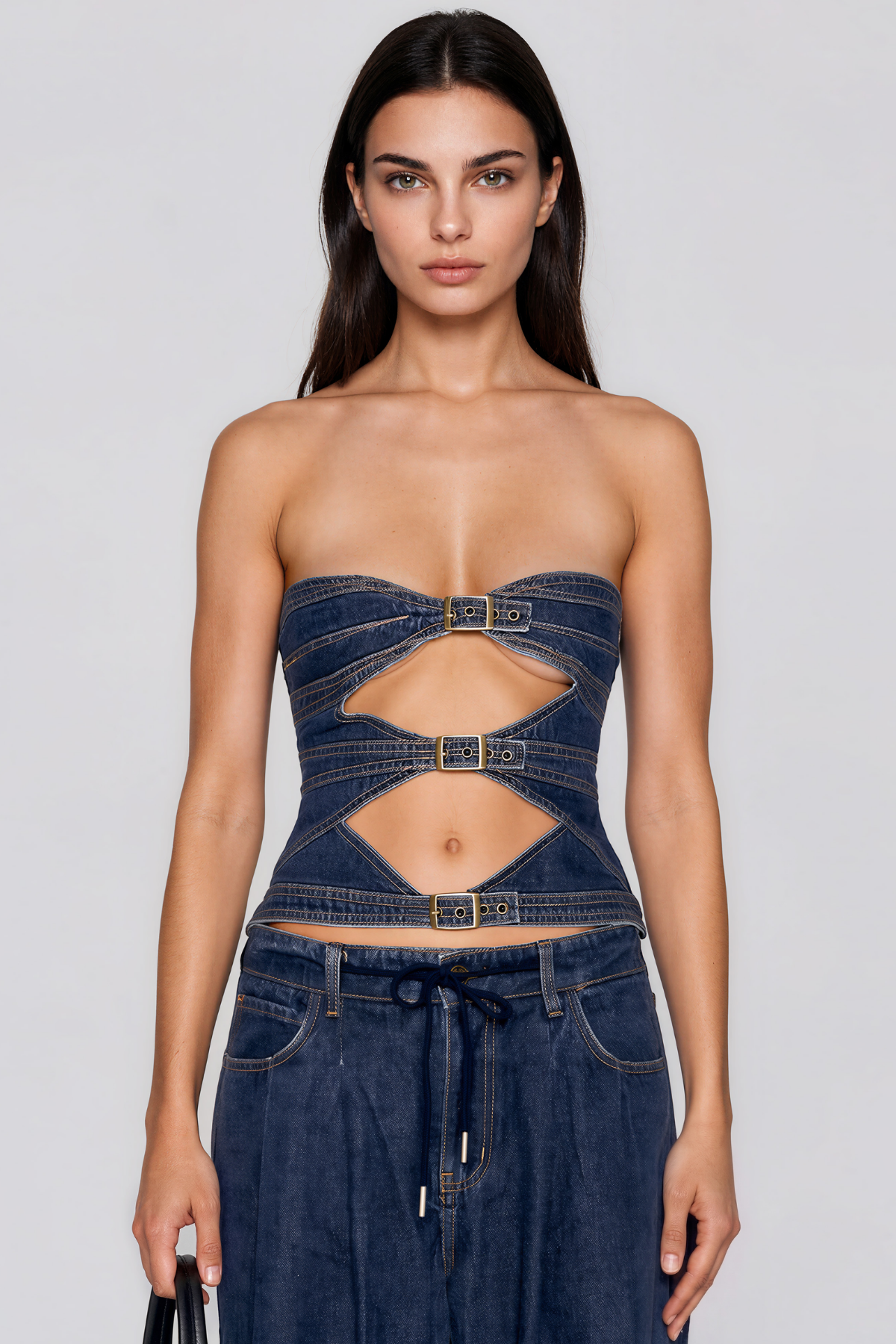 Kevine Strapless Cutout Denim Pants Set