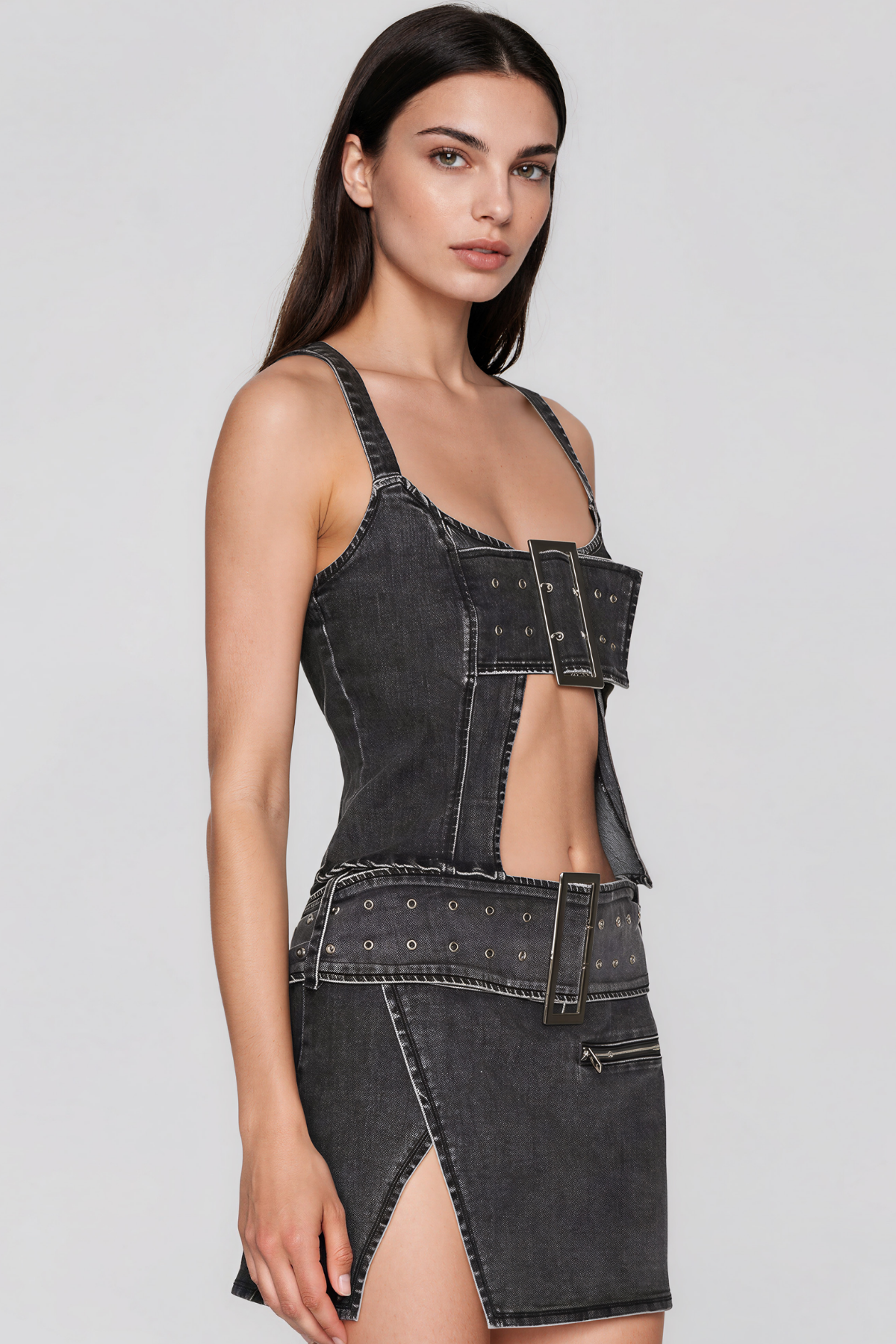 Kevis Spaghetti Buckle Denim Skirt Set