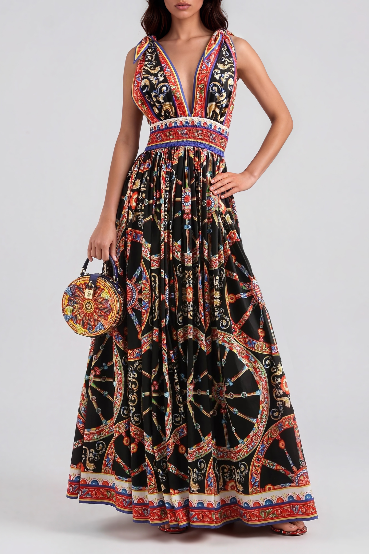Khadija Plunge Print Tie Up Maxi Dress