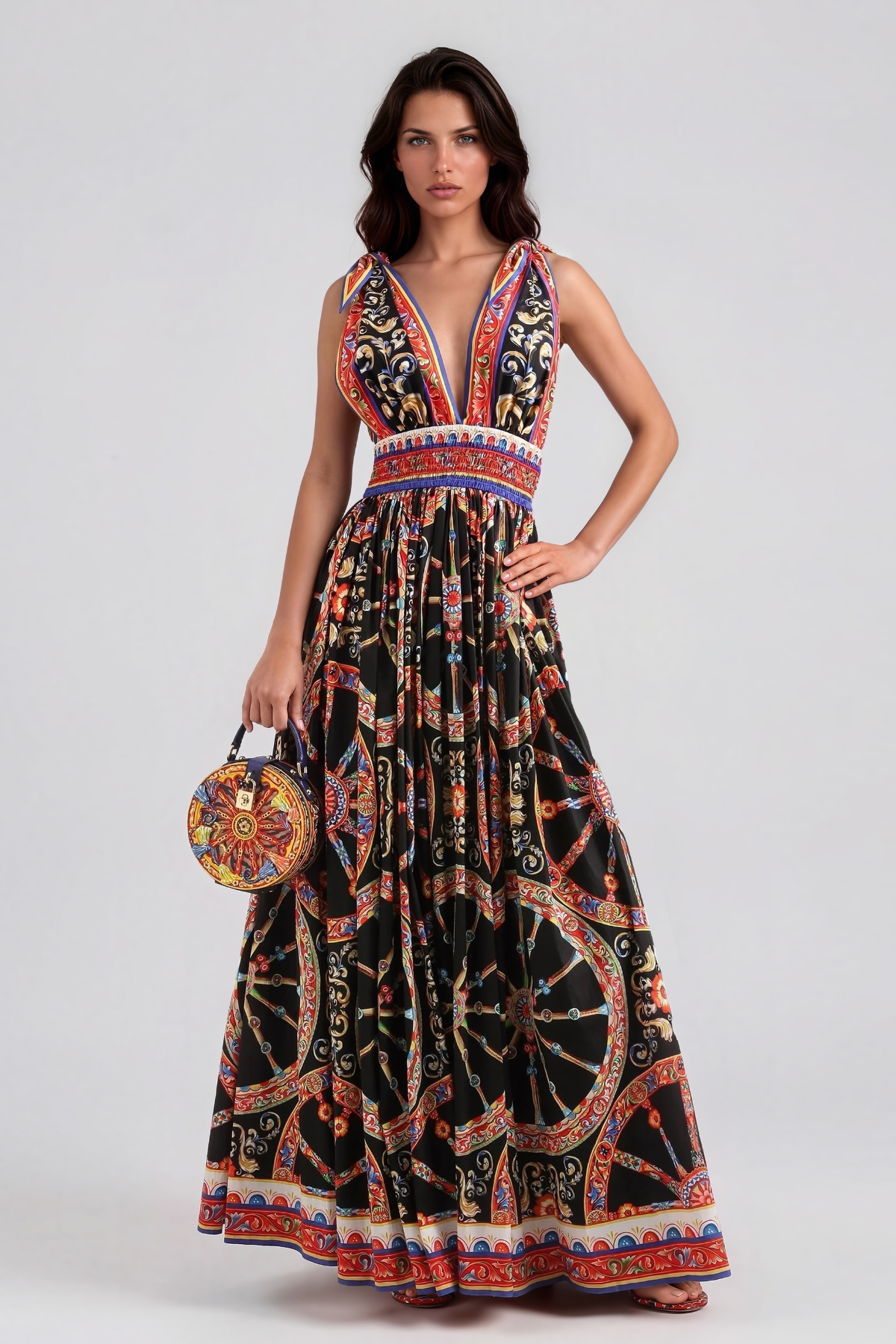 Khadija Plunge Print Tie Up Maxi Dress