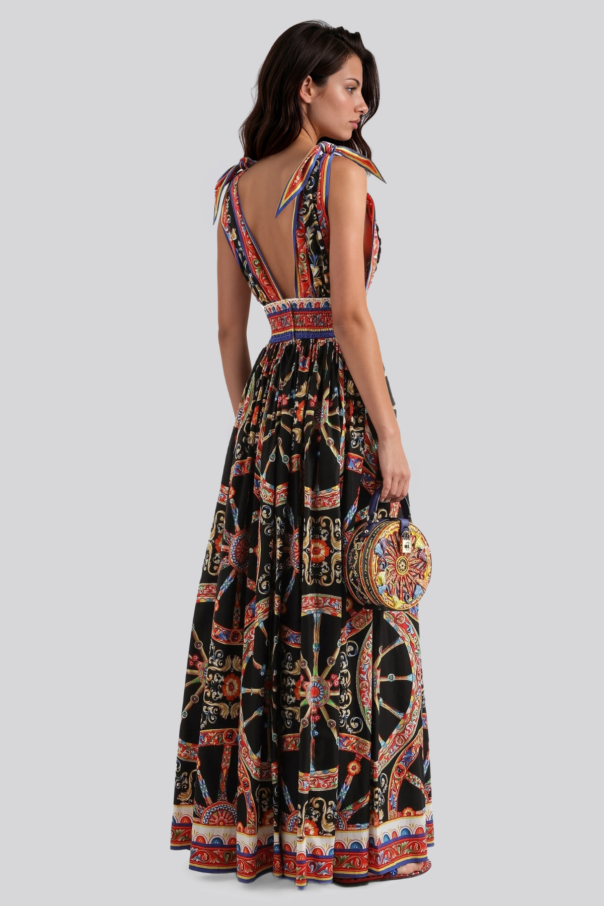 Khadija Plunge Print Tie Up Maxi Dress