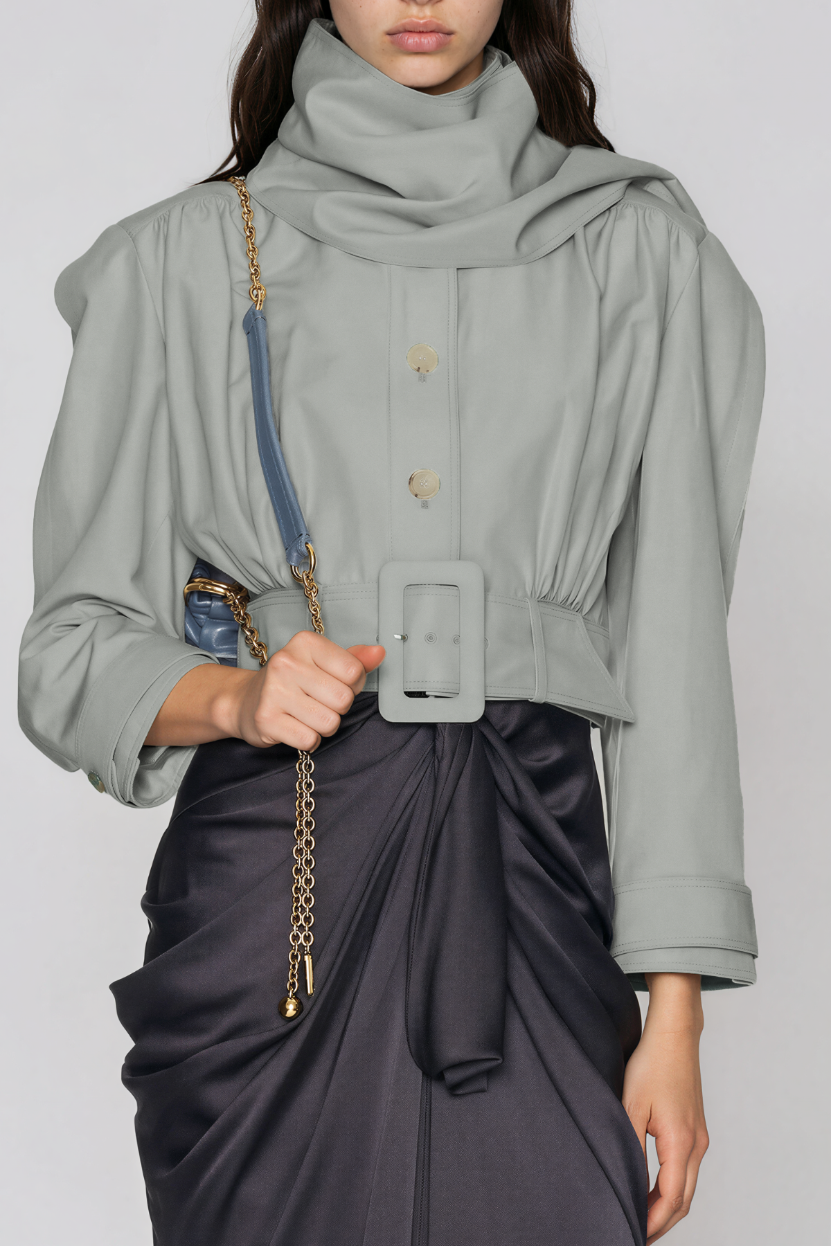 Khaki High Neck Button Belt Jacket
