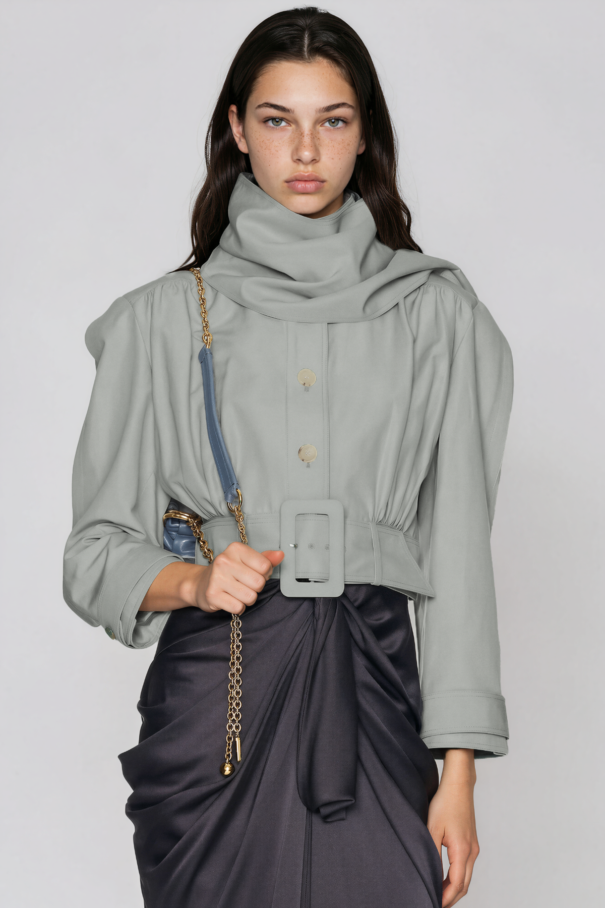 Khaki High Neck Button Belt Jacket