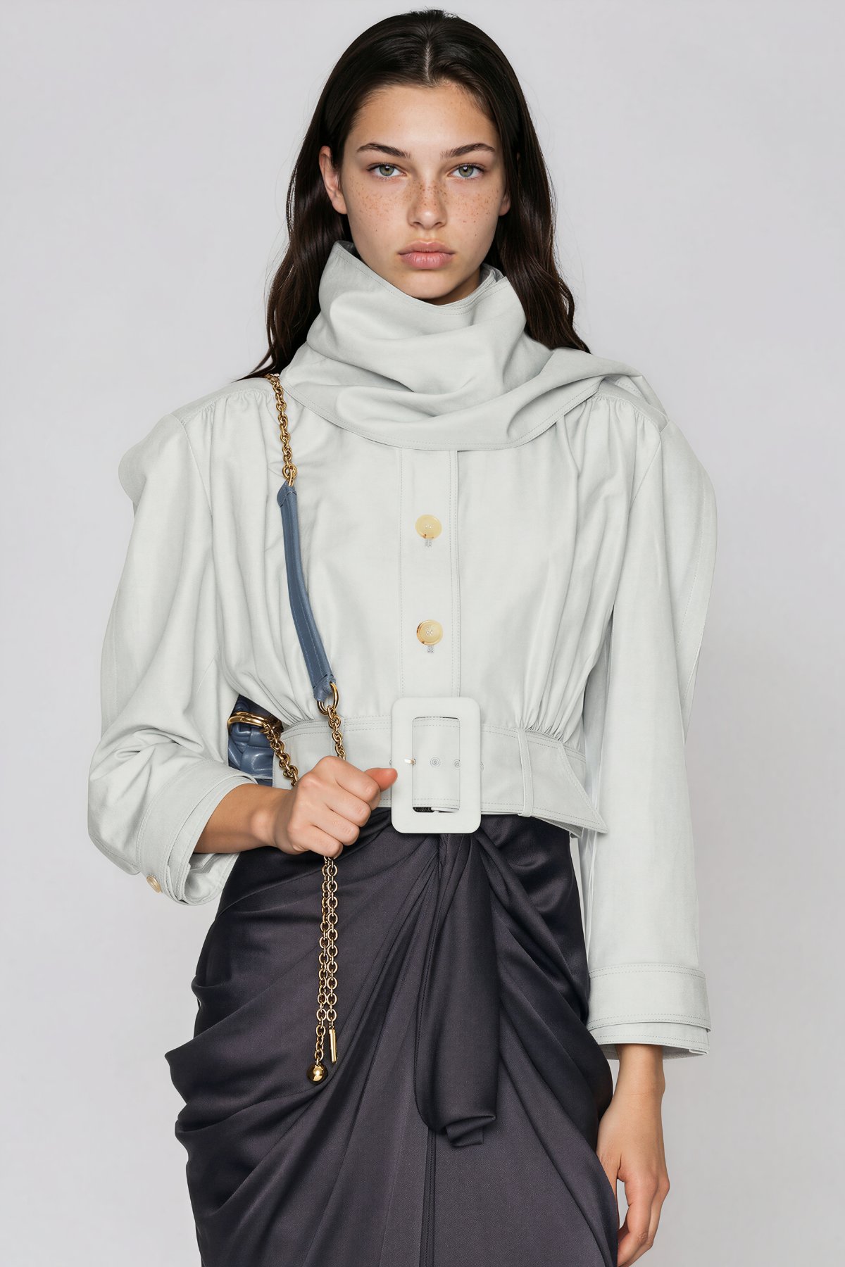 Khaki High Neck Button Belt Jacket