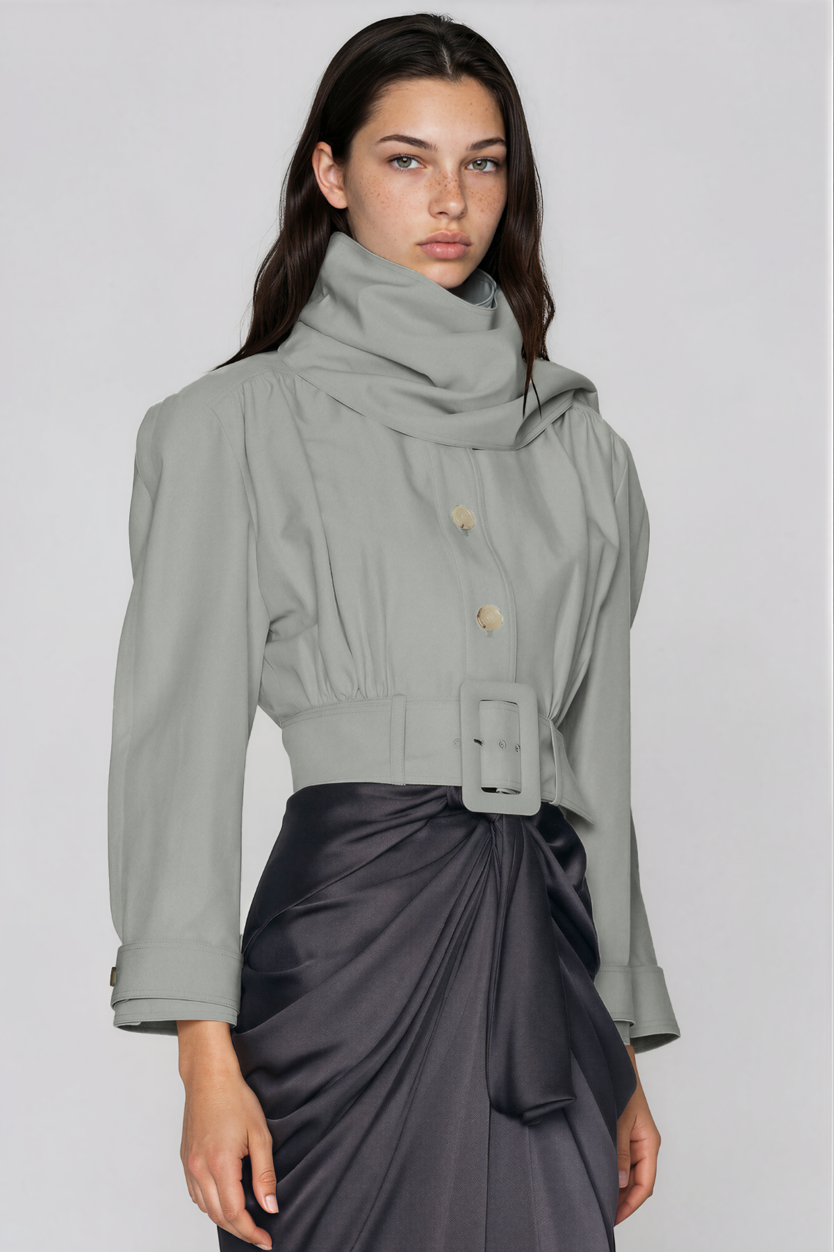 Khaki High Neck Button Belt Jacket