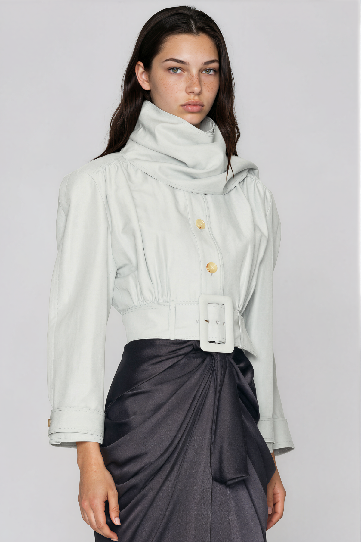 Khaki High Neck Button Belt Jacket