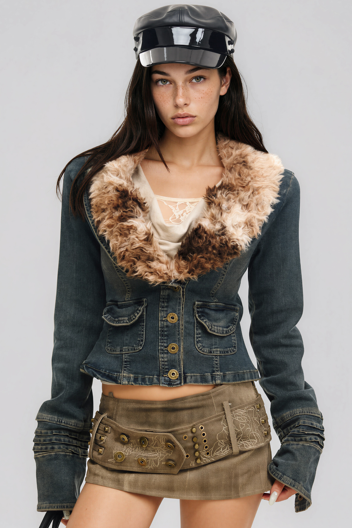 Khal V Neck Faux Fur Denim Jacket