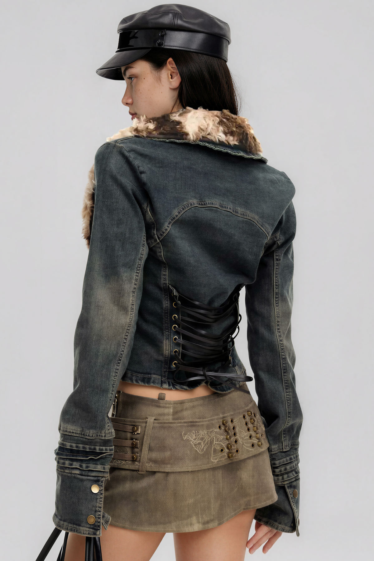 Khal V Neck Faux Fur Denim Jacket