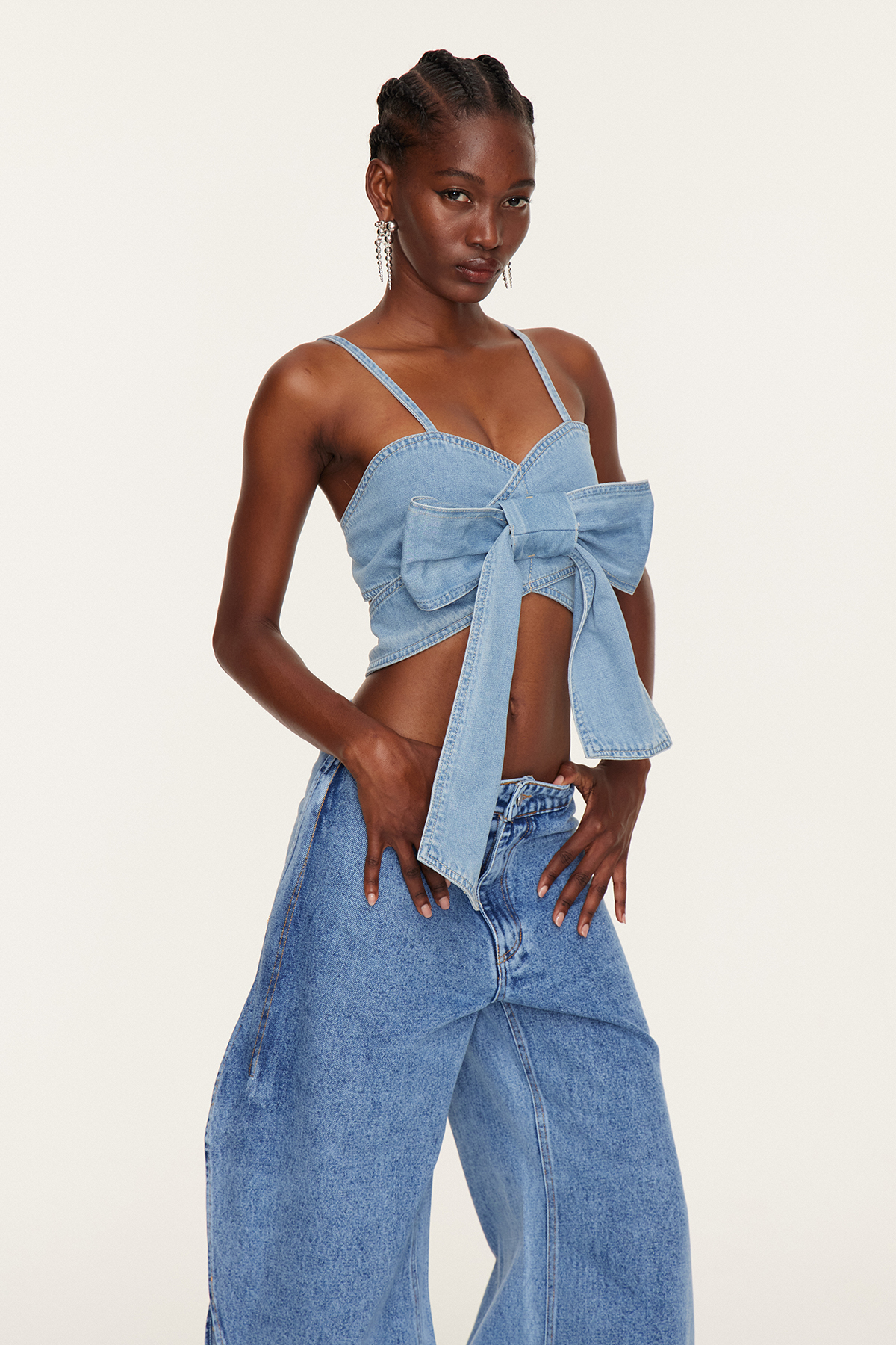 Khalani Bow Lace Up Denim Top