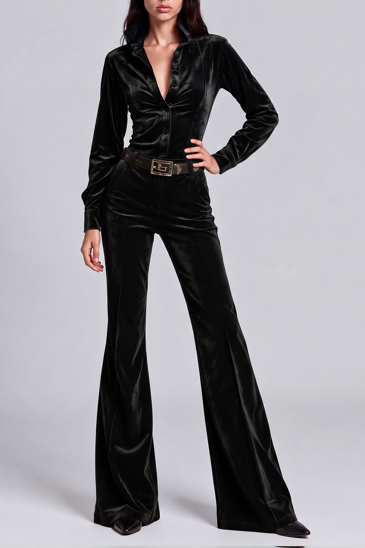 Khaled Long Sleeve Velvet Pants Set In Black