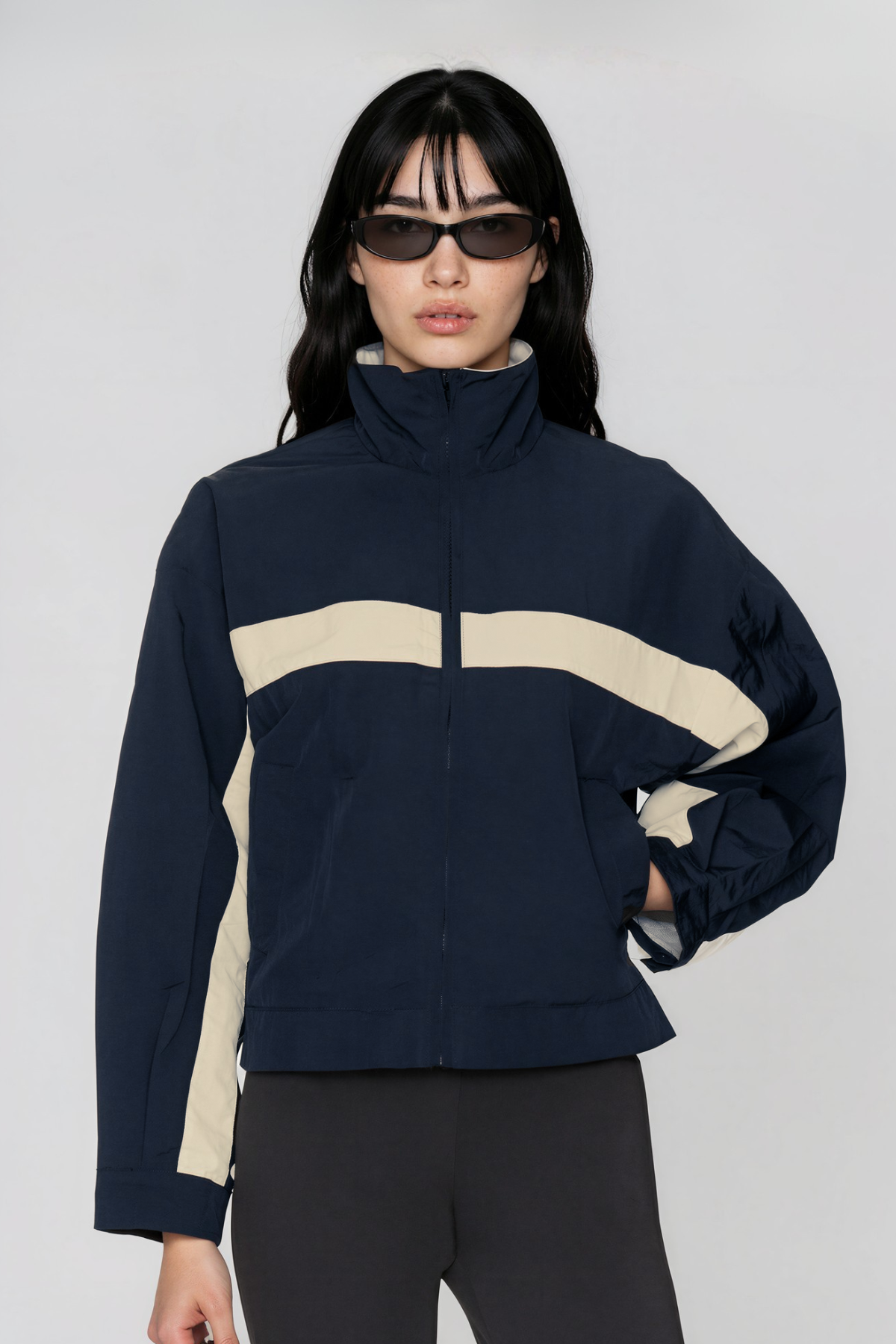 Khaleel High Neck Colorblock Jacket In Blue