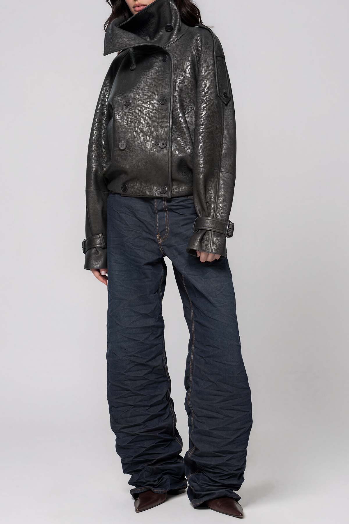 Khan Funnel Neck Leather Double Breasted Jacket