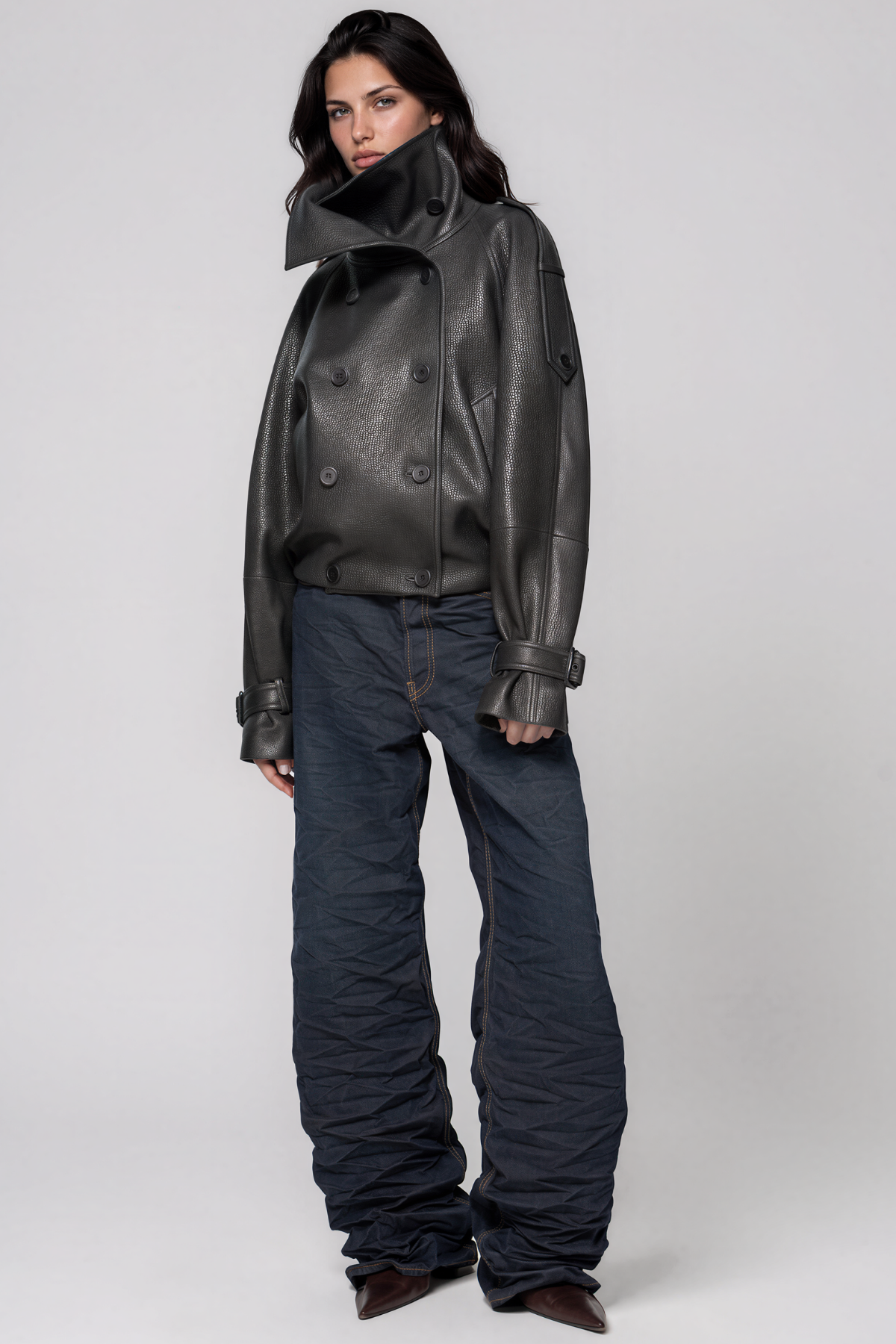 Khan Funnel Neck Leather Double Breasted Jacket
