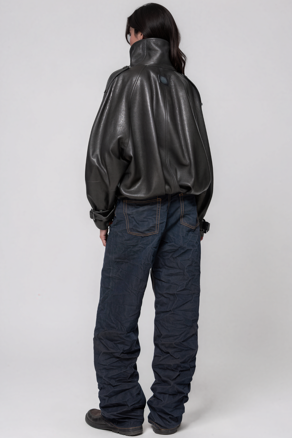 Khan Funnel Neck Leather Double Breasted Jacket