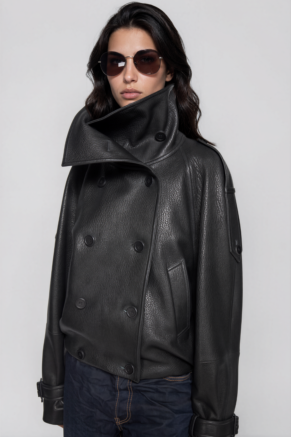 Khan Funnel Neck Leather Double Breasted Jacket