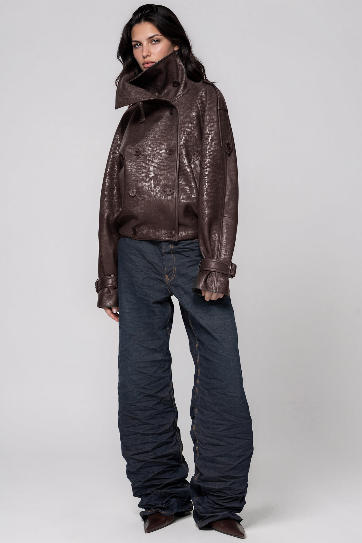 Khan Funnel Neck Leather Double Breasted Jacket In Brown