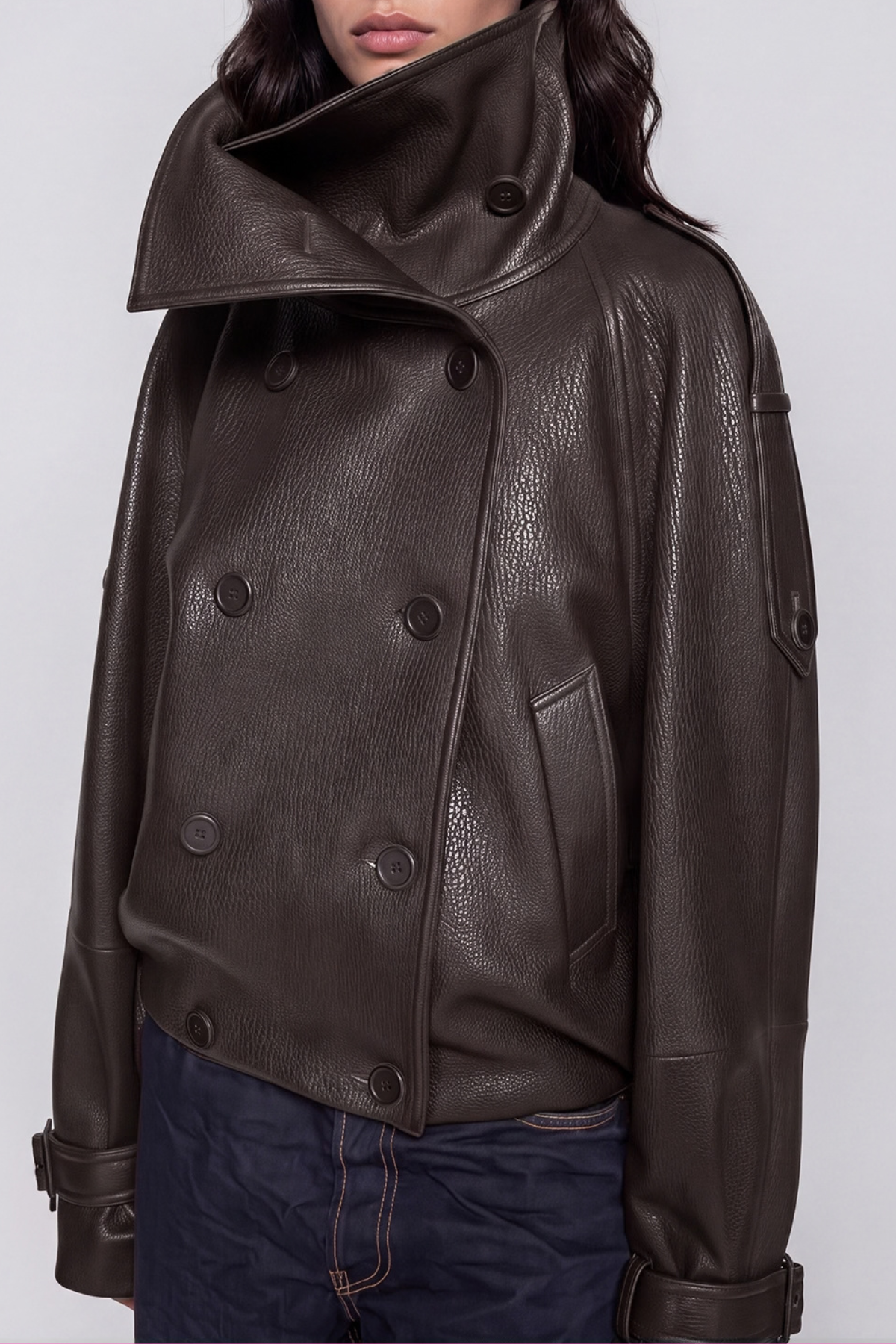 Khan Funnel Neck Leather Double Breasted Jacket In Brown