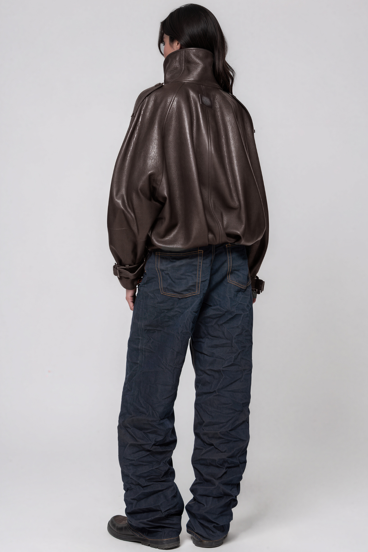 Khan Funnel Neck Leather Double Breasted Jacket In Brown