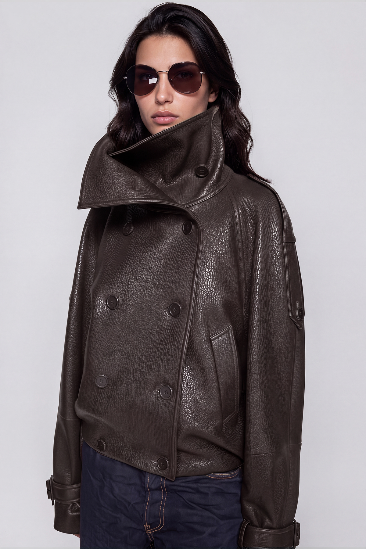 Khan Funnel Neck Leather Double Breasted Jacket In Brown