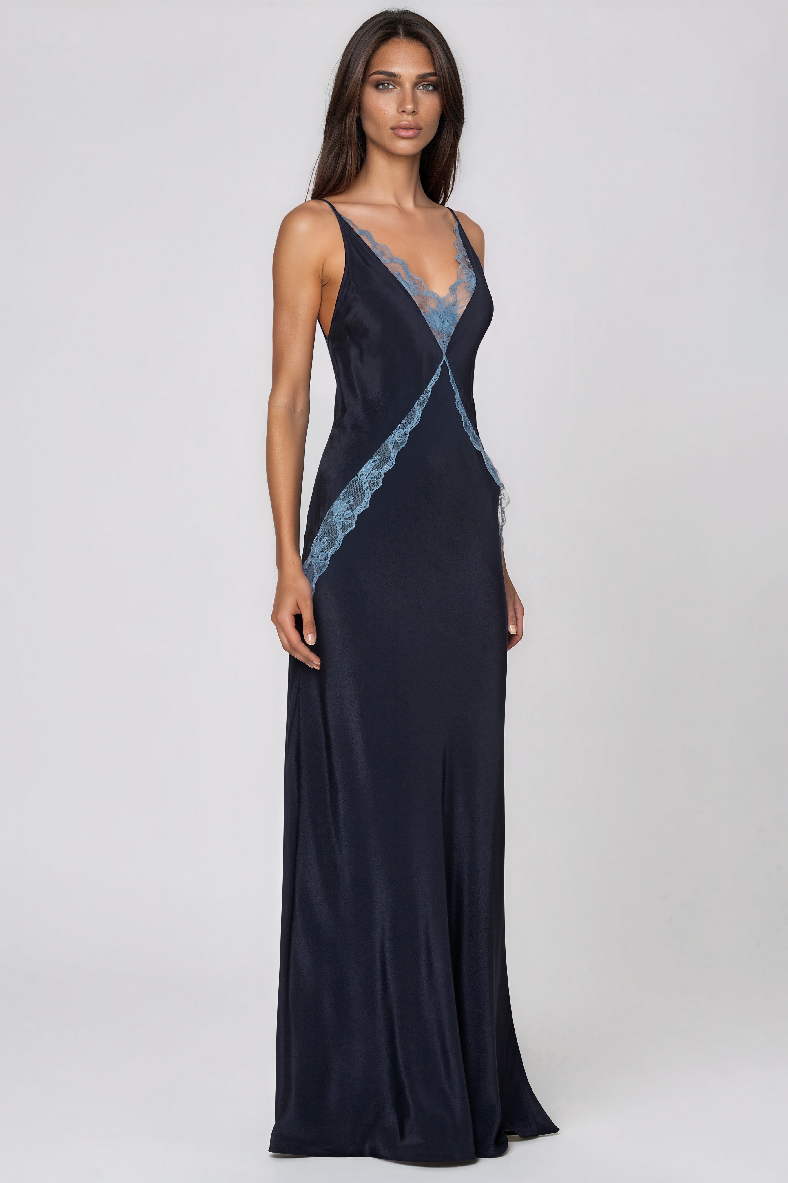 Kiele Spaghetti Lace Satin Maxi Dress