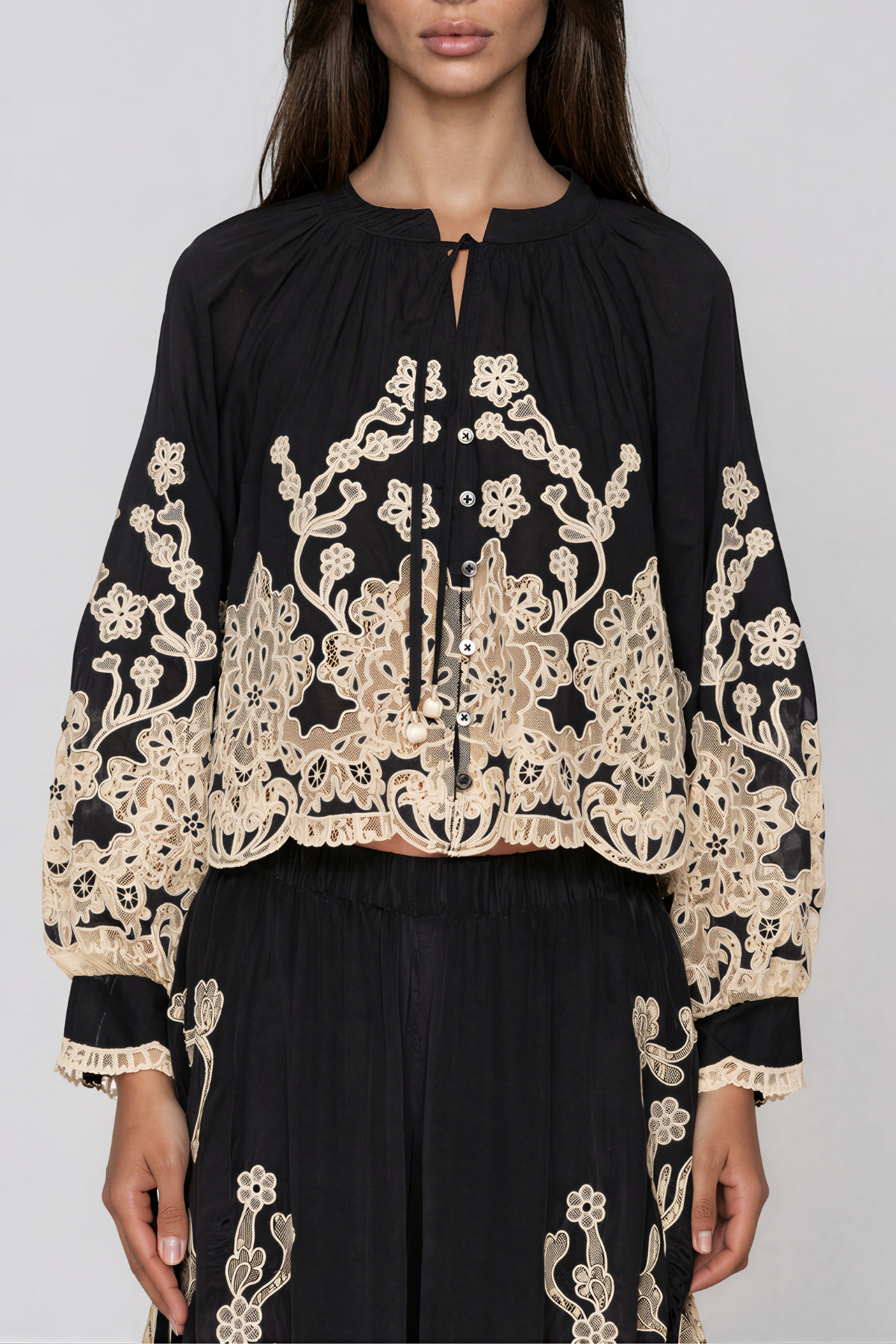 Kikilia Tie Up Embroidered Top