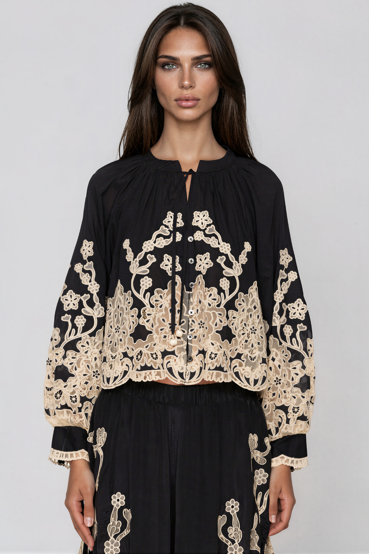 Kikilia Tie Up Embroidered Top