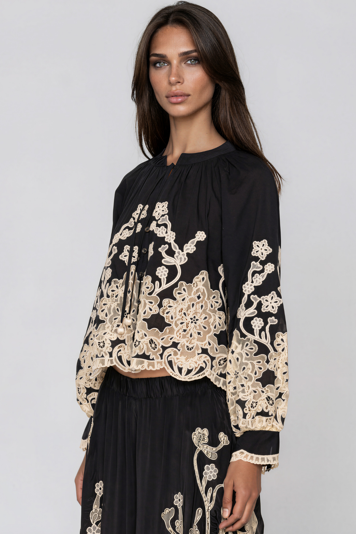 Kikilia Tie Up Embroidered Top