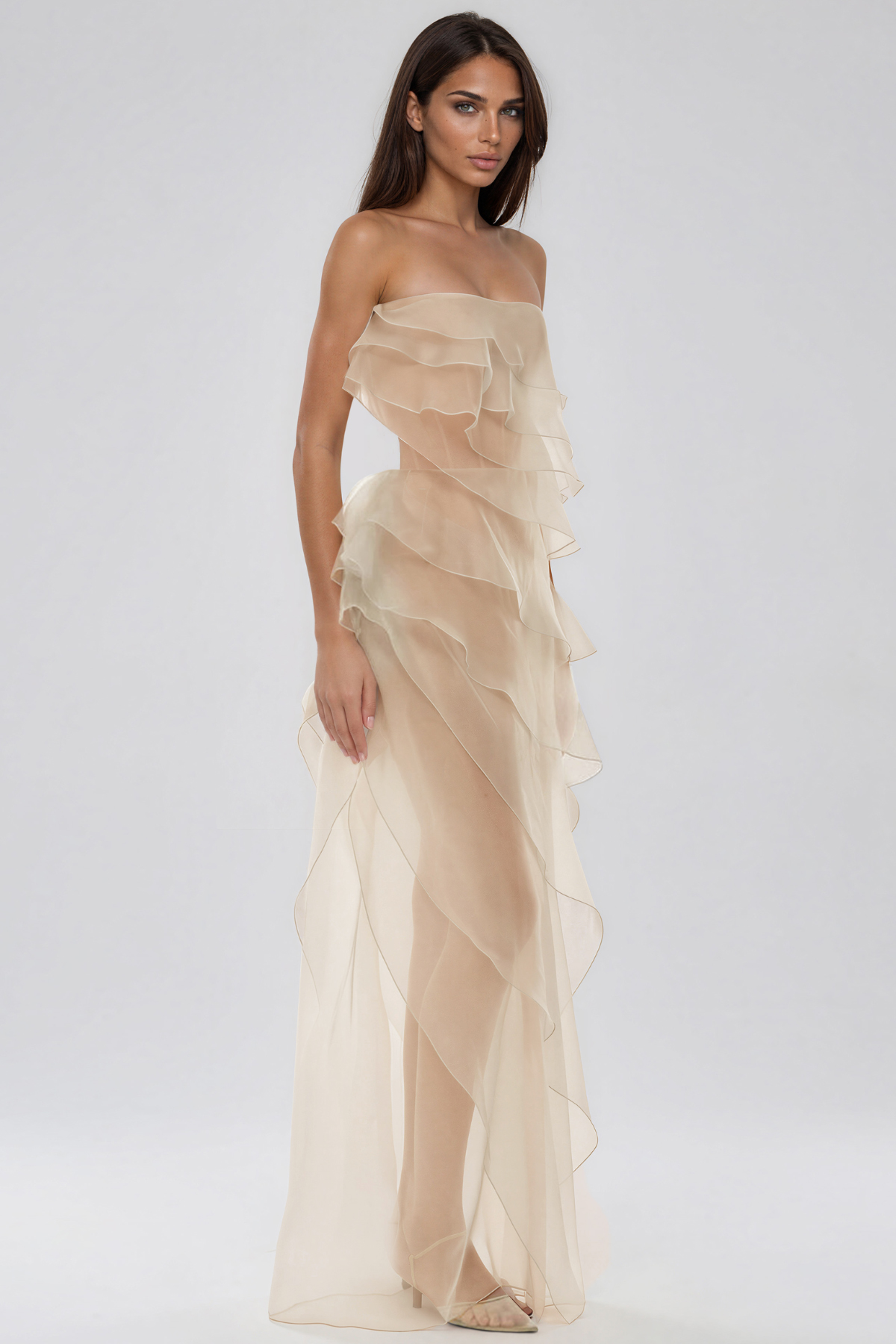 Kiku Strapless Ruffle Mesh Maxi Dress