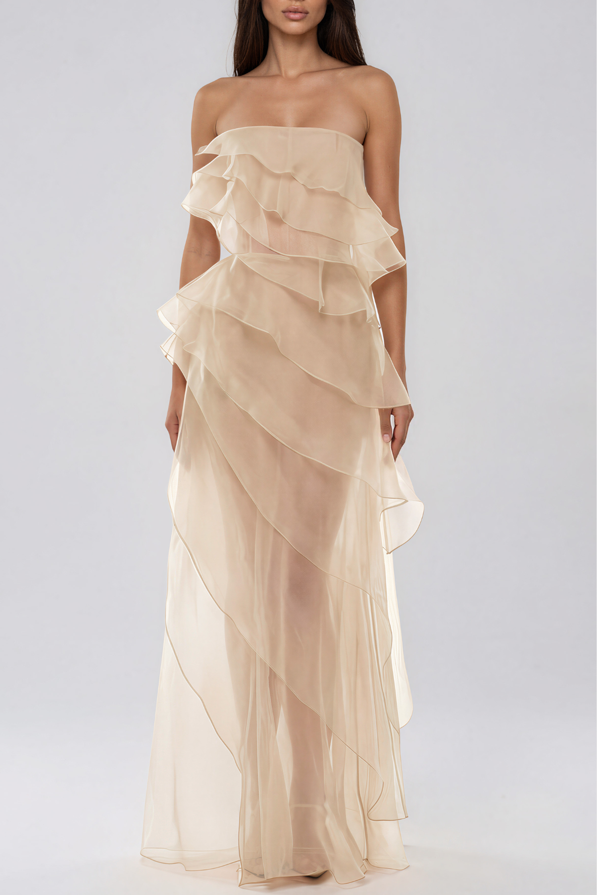 Kiku Strapless Ruffle Mesh Maxi Dress