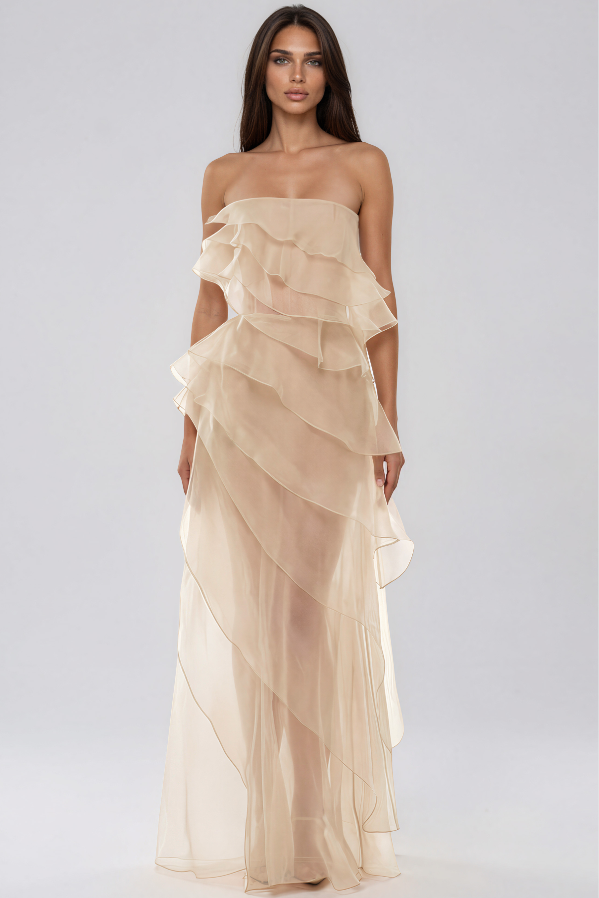 Kiku Strapless Ruffle Mesh Maxi Dress