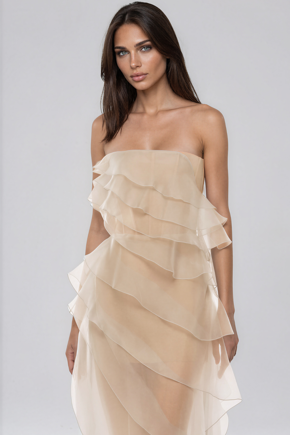 Kiku Strapless Ruffle Mesh Maxi Dress