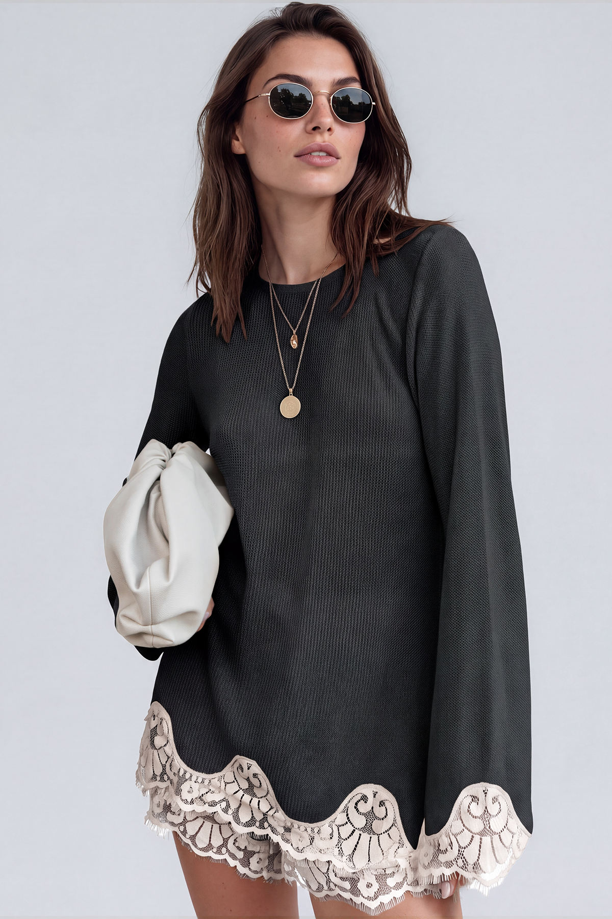 Kikuyo Knit Lace Shorts Set In Black