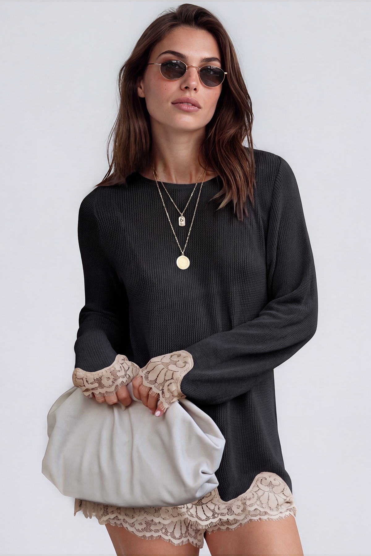 Kikuyo Knit Lace Shorts Set In Black