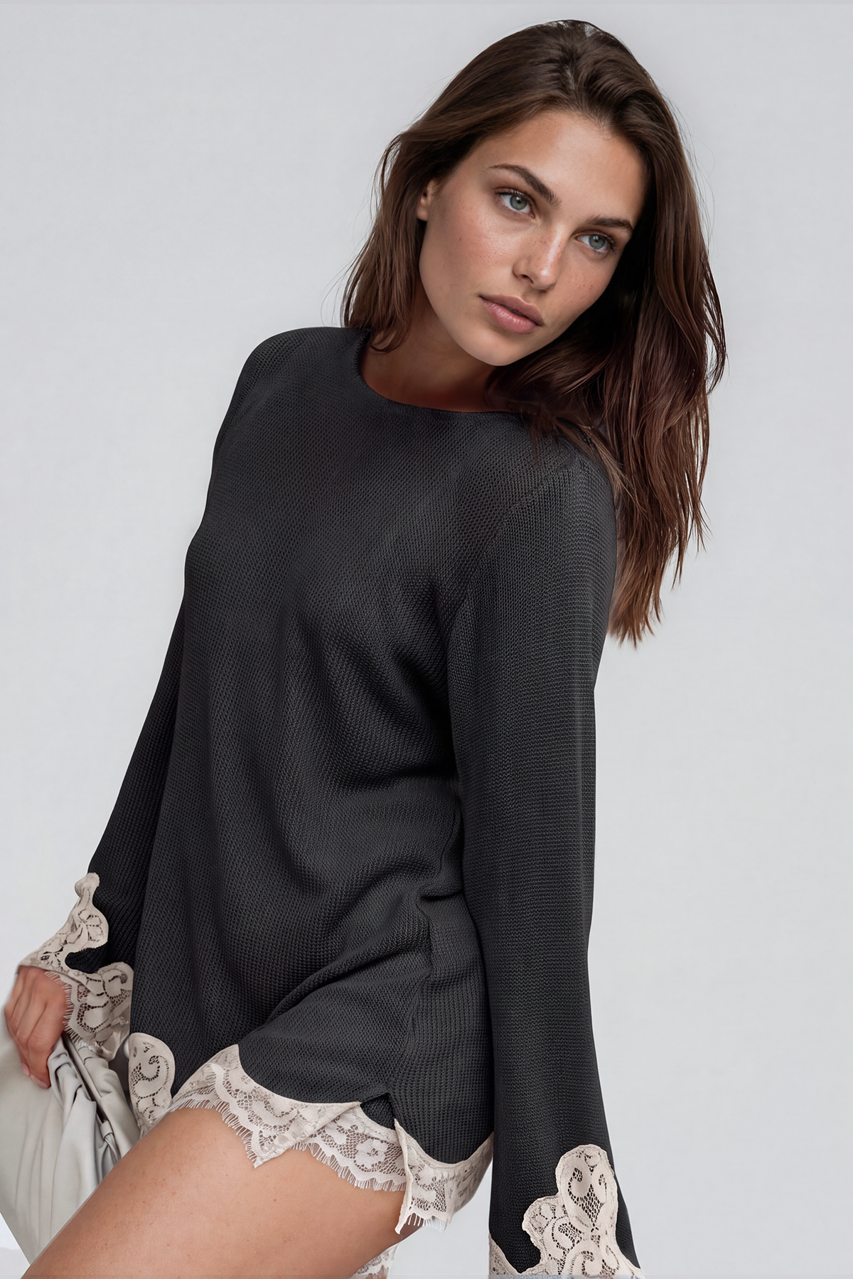 Kikuyo Knit Lace Shorts Set In Black