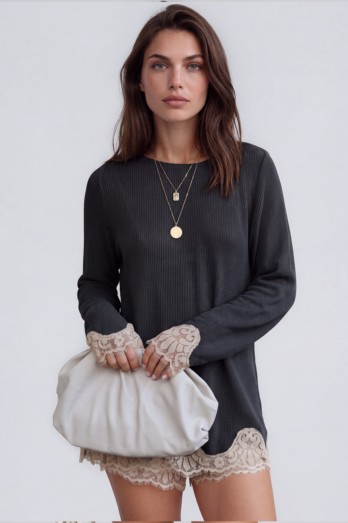 Kikuyo Knit Lace Shorts Set In Black
