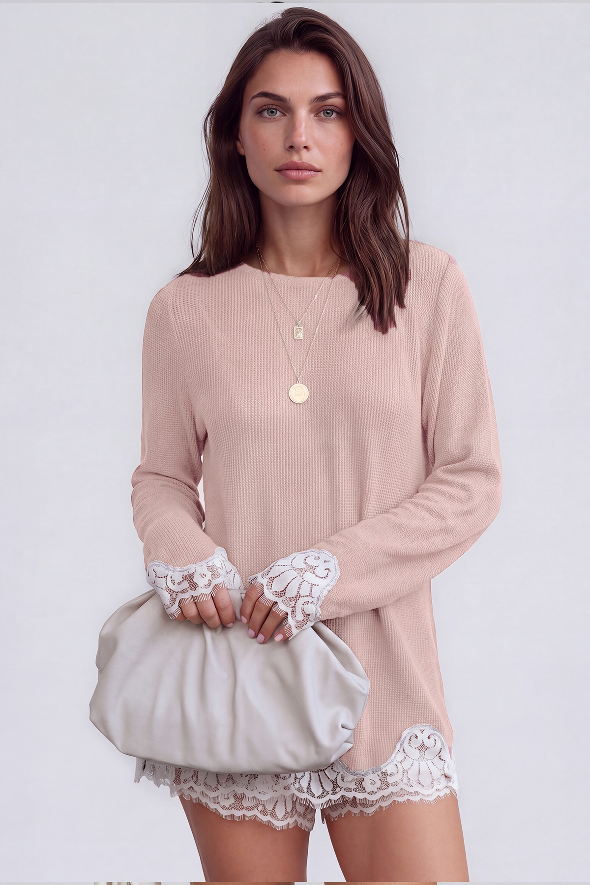 Kikuyo Knit Lace Shorts Set In Pink